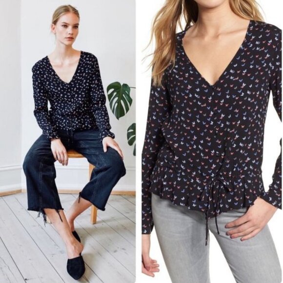 Rails Black Butterfly Print V-neck Button Front Waist Tie Peplum Blouse Top M - Picture 1 of 14